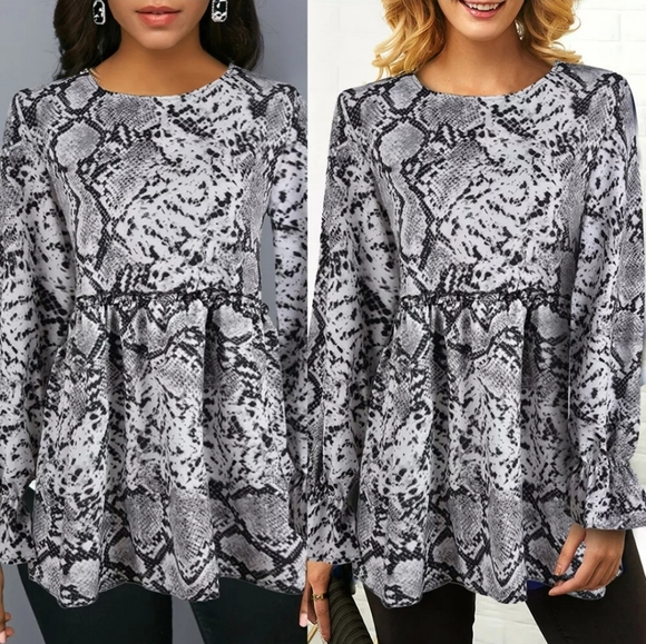 Snakeskin Printed Tops Long-sleeved Tunic A-Line - Picture 8 of 10